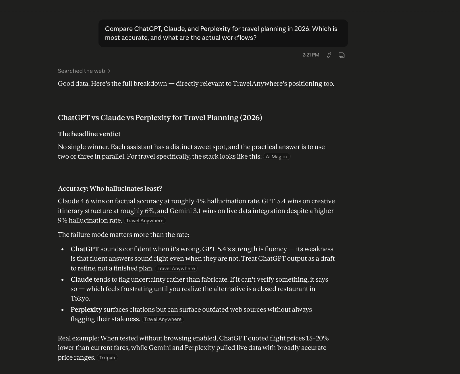 Claude response citing the site three times